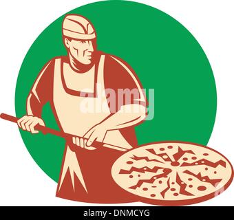 illustration artwork of a Pizza pie maker or baker holding baking pan Stock Vector
