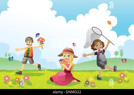 A vector illustration of children having fun playing outdoor during Spring season Stock Vector