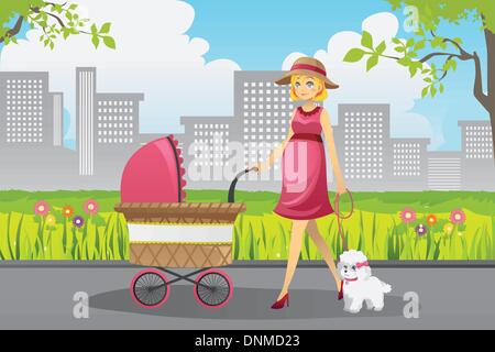 A vector illustration of a beautiful pregnant woman pushing a stroller walking with her dog in a park Stock Vector