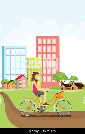 A vector illustration of a woman riding a bike in an urban setting Stock Vector
