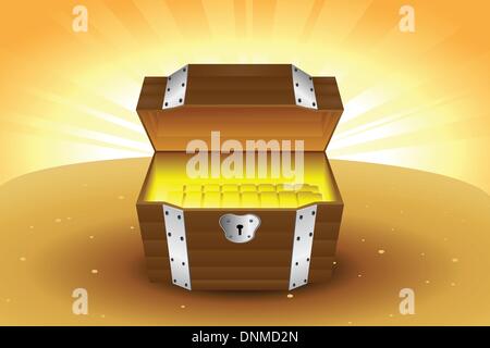 A vector illustration of a wooden treasure chest with gold inside Stock Vector