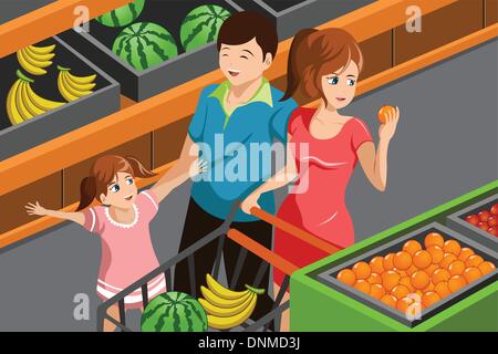 A vector illustration of happy family choosing fruits in supermarket together Stock Vector