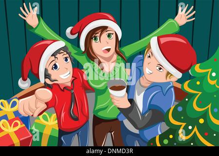 A vector illustration of happy young people having a Christmas party together Stock Vector