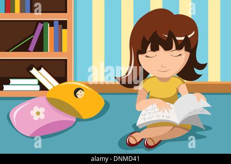 A vector illustration of blind little girl reading a book in braille Stock Vector