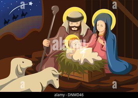 A vector illustration of Joseph, Mary and baby Jesus for nativity concept Stock Vector