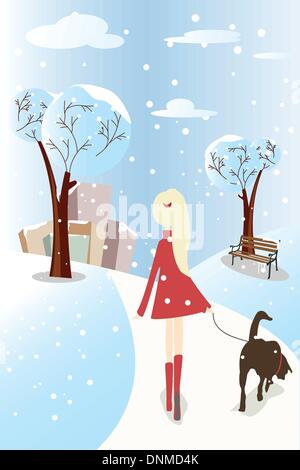 A vector illustration of a girl walking her dog in a park Stock Vector