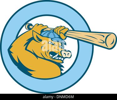 illustration of a Cartoon Razorback or wild pig swinging a  baseball bat enclosed in a circle Stock Vector