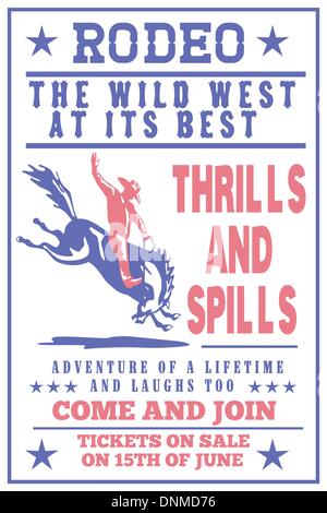 retro style illustration of a Poster showing an American Rodeo Cowboy riding a bucking bronco horse jumping viewed from side with words Annual Benefit Rodeo the wild west at its best'' Stock Vector