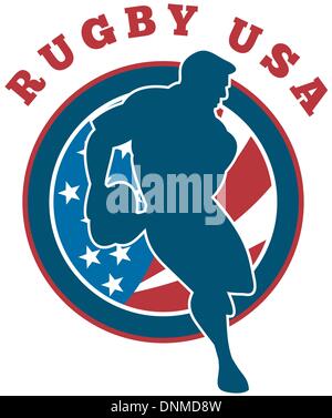 Illustration of a rugby player running passing ball with flag of united states of america in background Stock Vector