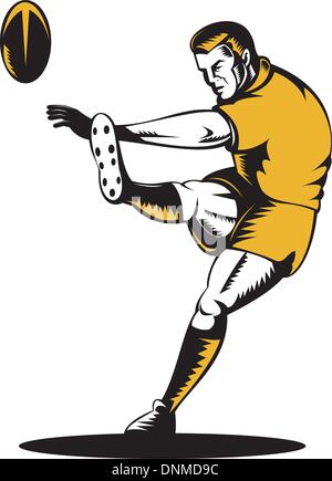 illustration of a rugby player kicking the ball on isolated background done in retro woodcut style Stock Vector