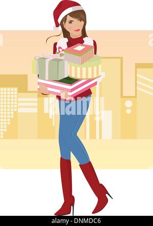 A vector illustration of a beautiful girl carrying Christmas gifts Stock Vector