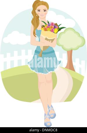 A vector illustration of a beautiful girl carrying a bouquet of colorful tulips Stock Vector