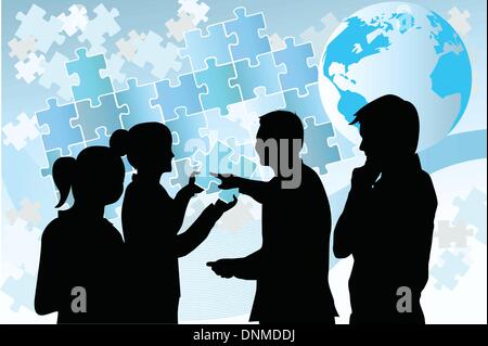 A vector illustration of a group of business people trying to solve a puzzle Stock Vector