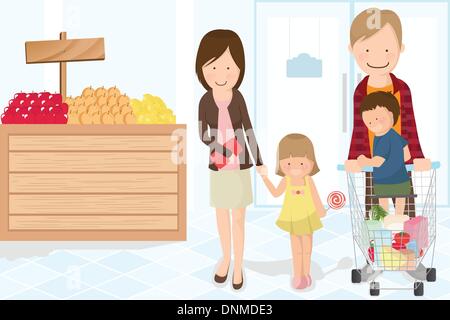 A vector illustration of a family doing grocery shopping Stock Vector
