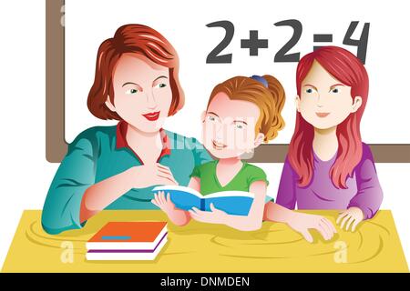 A vector illustration of kids studying math in classroom with teacher Stock Vector