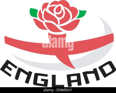 Illustration of a red English rose with flag of England inside rugby ball and words 'England' Stock Vector