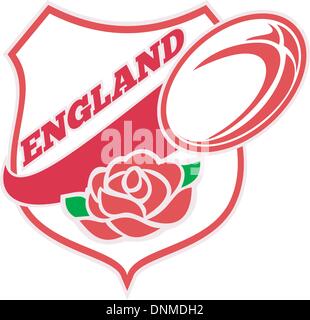 Illustration of a red English rose inside shield with rugby ball flying out and words 'England' Stock Vector