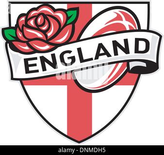 Illustration of a red English rose inside flag shield with rugby ball flying out and words 'England' Stock Vector