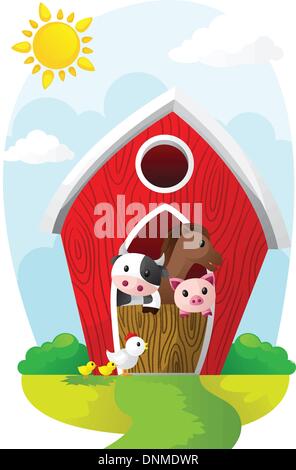 A vector illustration of farm animals in a barn Stock Vector