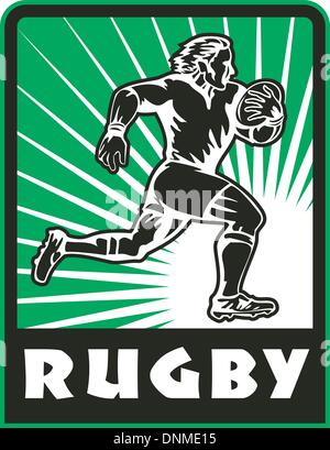 retro style illustration of a Rugby player running with ball  and sunburst in background with words 'rugby' Stock Vector