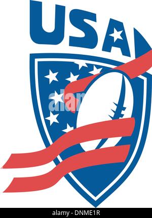 illustration of a American rugby football ball with red ribbon stripe and stars shield with words USA Stock Vector