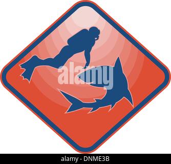 illustration of a Scuba diver and shark confrontation in silhouette set inside a diamond. Stock Vector