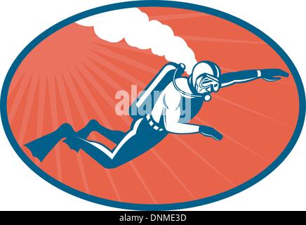 illustration of a scuba diver diving side view set inside an ellipse retro style Stock Vector