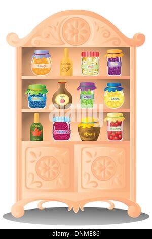 A vector illustration of preserves fruit jam and syrup on the shelf Stock Vector