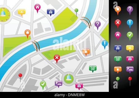 A vector illustration of a GPS street map with usable icons Stock Vector
