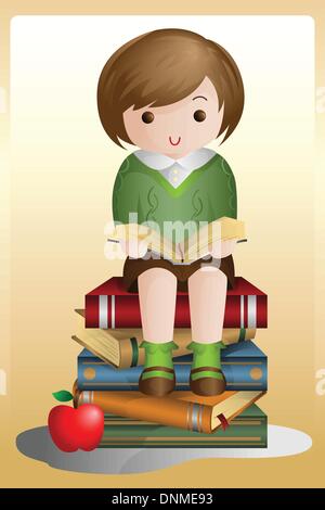 A vector illustration of a young student reading a book while sitting on a stack of books Stock Vector