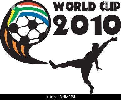 illustration of an icon for 2010 soccer world cup with player kicking ball with flag of republic of south africa Stock Vector