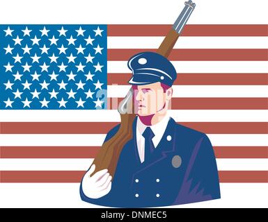 Greeting card illustration of an American solider serviceman with rifle flag in background Stock Vector