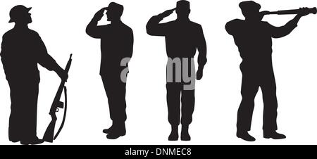 illustration of a silhouette of a soldier saluting, standing attention and looking at telescope on white background Stock Vector