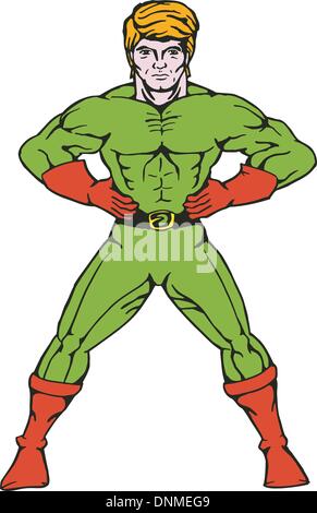 illustration of a cartoon super hero standing hands on hips isolated on white background Stock Vector