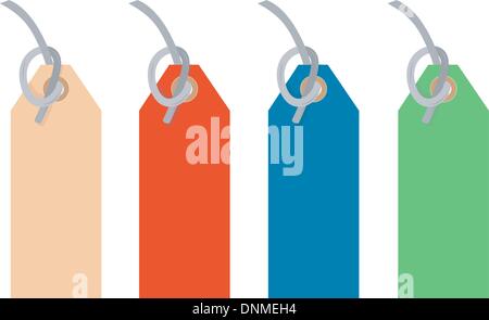 Illustration of colored tags with strings tied to them done in retro style isolated on white background. Stock Vector