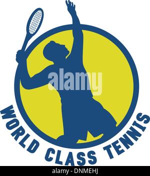 illustration of a tennis player silhouette serving set inside circle with words 'world class tennis' Stock Vector