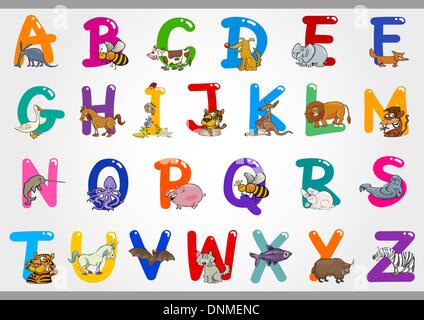 Cartoon Illustration of Colorful Alphabet Letters Set from A to Z with Funny Animals Stock Vector