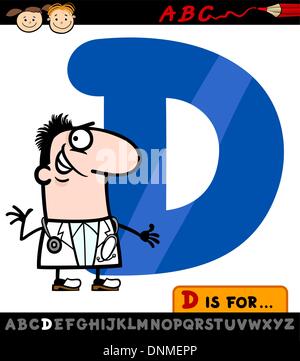 Cartoon Illustration of Capital Letter D from Alphabet with Doctor for Children Education Stock Vector