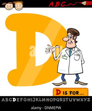 Cartoon Illustration of Capital Letter D from Alphabet with Doctor for Children Education Stock Vector