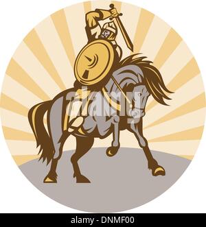 illustration of a warrior with shield and sword on horse Stock Vector