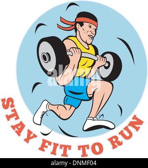 cartoon illustration of a Man running jogging lifting weights with text 'stay fit to run' Stock Vector