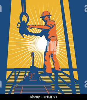 illustration of a worker on oil rig sealing well at work done in retro style Stock Vector