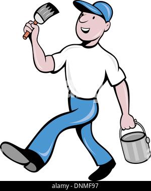illustration of a House painter with paintbrush and holding a paint can walking isolated on white done in cartoon style Stock Vector