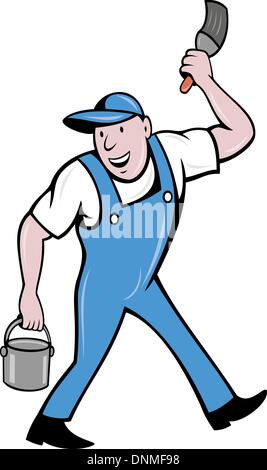 illustration of a House painter with paintbrush and holding a paint can walking isolated on white done in cartoon style Stock Vector