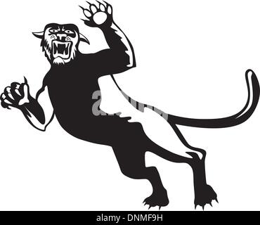Illustration of a black panther attacking isolated on white background done in retro style. Stock Vector