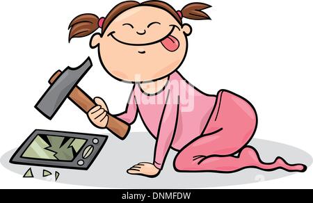 illustration of baby girl destroying the smartphone Stock Vector