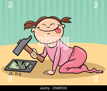 illustration of baby girl destroying the smartphone Stock Vector