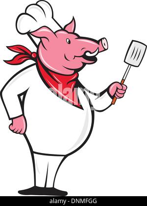 Vector illustration of a pig chef holding a spatula standing to side done in cartoon style. Stock Vector