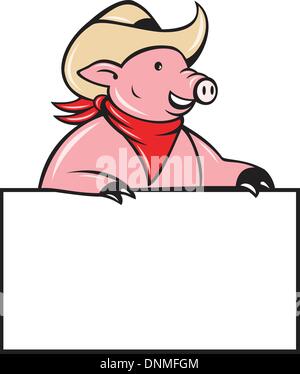 illustration of a Cowboy pig hog holding a blank sign looking to the side done in cartoon style on isolated white background. Stock Vector