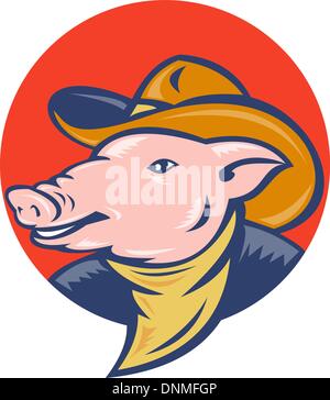 illustration of a pig with cowboy hat and bandana set inside a circle done in retro style. Stock Vector